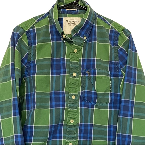 Abercrombie and Fitch Green & Blue Plaid Men's Muscle Button Down Shirt | Small - Picture 1 of 7